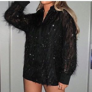 Black PReppy Womens Fuzzy Trim Sequin Detail Shirt